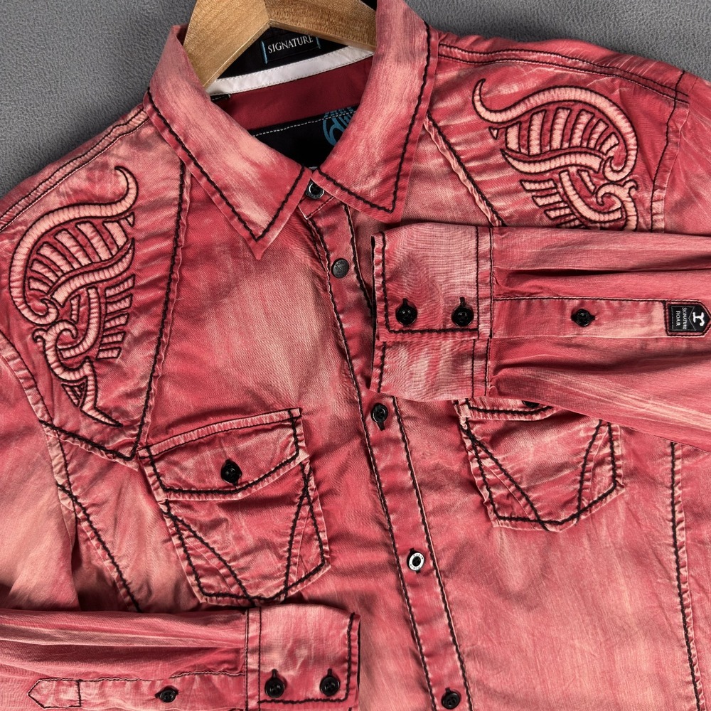 Roar Shirt Medium Red Distressed Snap Embroidered Puff Print Y2K Rave Tribal